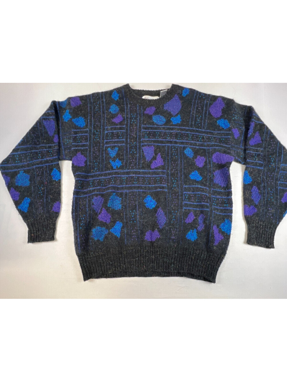 Vintage Michael Gerald Men L Gray Blue Purple Abstract Pattern Crewneck Sweater